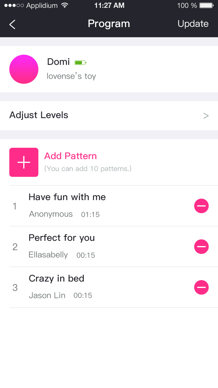 D'Lovense Remote App Screenshot bis zu 10 Programméierungsmuster
